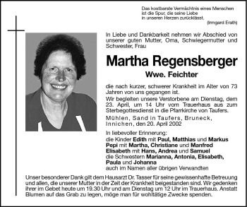 Traueranzeigen Von Martha Feichter Trauer Bz