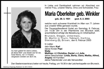 Traueranzeigen Von Maria Oberleiter Trauer Bz