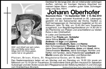 Traueranzeige von Johann Oberhofer von Dolomiten