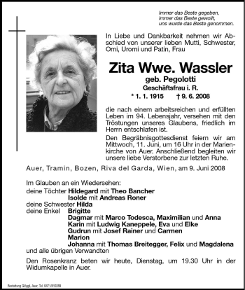 Traueranzeigen Von Zita Wassler Trauer Bz