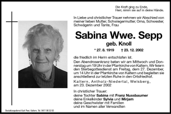 Traueranzeigen Von Sabina Sepp Trauer Bz