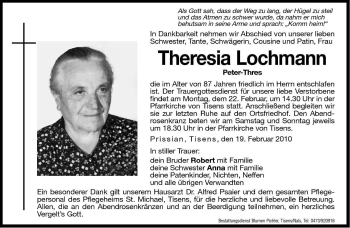 Traueranzeigen Von Theresia Lochmann Trauer Bz