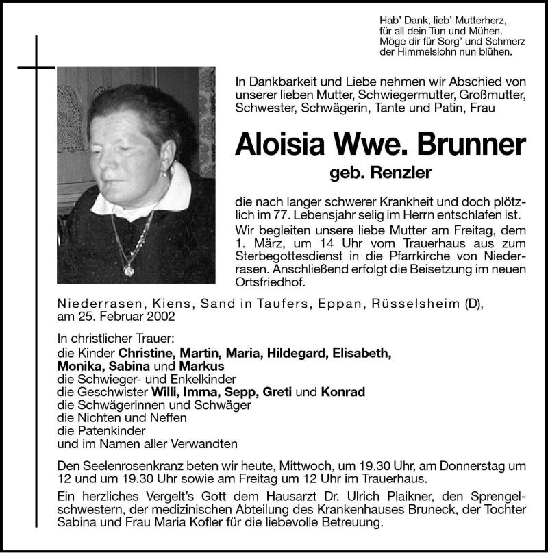 Traueranzeigen Von Aloisia Brunner Trauer Bz