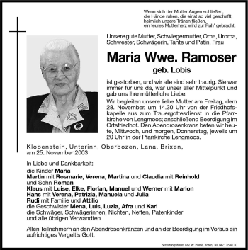 Traueranzeigen Von Maria Ramoser Trauer Bz