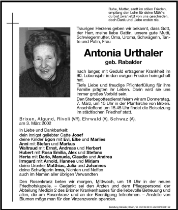 Traueranzeigen Von Antonia Urthaler Trauer Bz