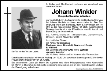 Traueranzeigen Von Johann Winkler Trauer Bz