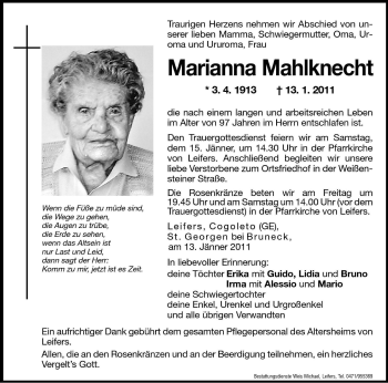 Traueranzeigen Von Marianna Mahlknecht Trauer Bz