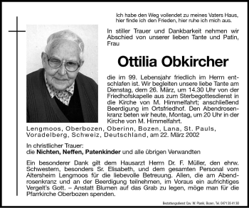 Traueranzeigen Von Ottilia Obkircher Trauer Bz