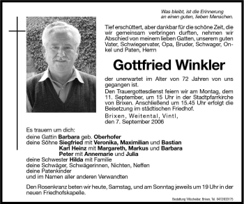 Traueranzeigen Von Gottfried Winkler Trauer Bz