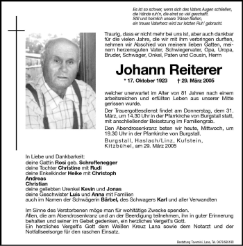 Traueranzeigen Von Johann Reiterer Trauer Bz