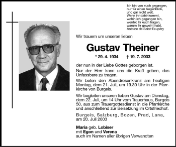 Traueranzeigen Von Gustav Theiner Trauer Bz