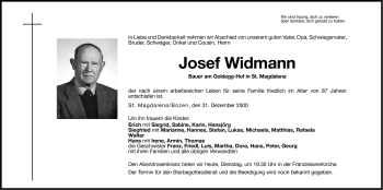 Traueranzeigen Von Josef Widmann Trauer Bz