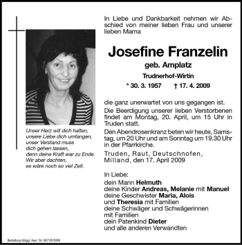 Traueranzeigen Von Josefine Franzelin Trauer Bz