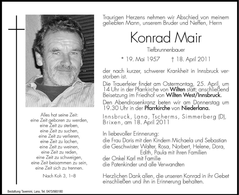 Traueranzeigen Von Konrad Mair Trauer Bz