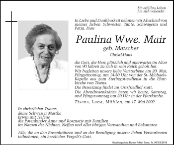 Traueranzeigen Von Paulina Mair Trauer Bz