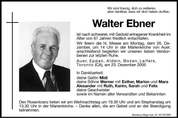 Traueranzeigen Von Walter Ebner Trauer Bz