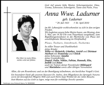 Traueranzeigen Von Anna Ladurner Trauer Bz