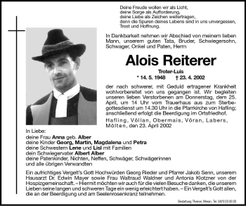 Traueranzeigen Von Alois Reiterer Trauer Bz