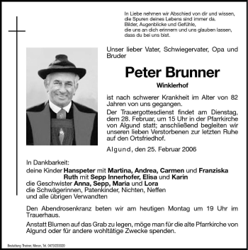 Traueranzeigen Von Peter Brunner Trauer Bz