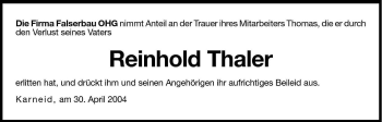 Traueranzeige von Reinhold Thaler von Dolomiten