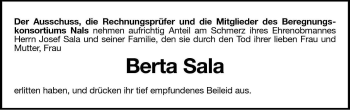 Traueranzeige von Berta Sala von Dolomiten