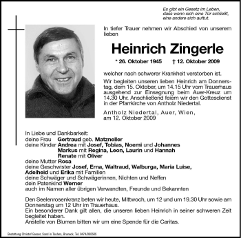 Traueranzeigen Von Heinrich Zingerle Trauer Bz