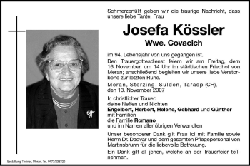 Traueranzeigen Von Josefa Covacich Trauer Bz