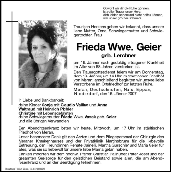 Traueranzeigen Von Frieda Geier Trauer Bz