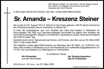 Traueranzeigen Von Amanda Kreszenz Steiner Trauer Bz