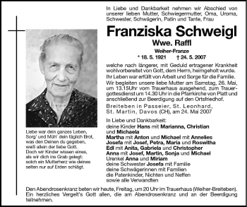 Traueranzeigen Von Franziska Raffl Trauer Bz