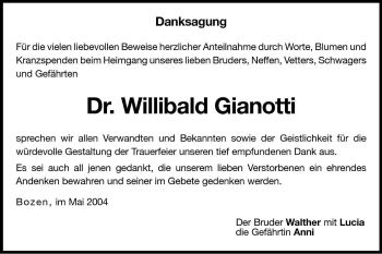Traueranzeige von Willibald Gianotti von Dolomiten