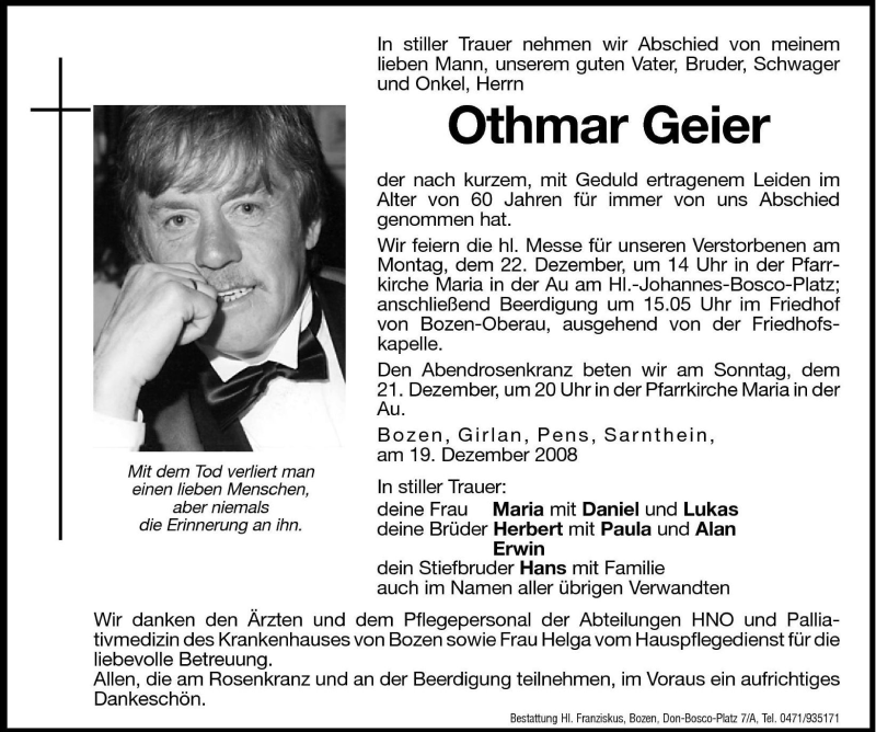 Traueranzeigen Von Othmar Geier Trauer Bz