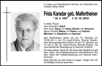 Traueranzeigen Von Frida Karadar Trauer Bz