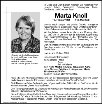 Traueranzeigen Von Marta Knoll Trauer Bz