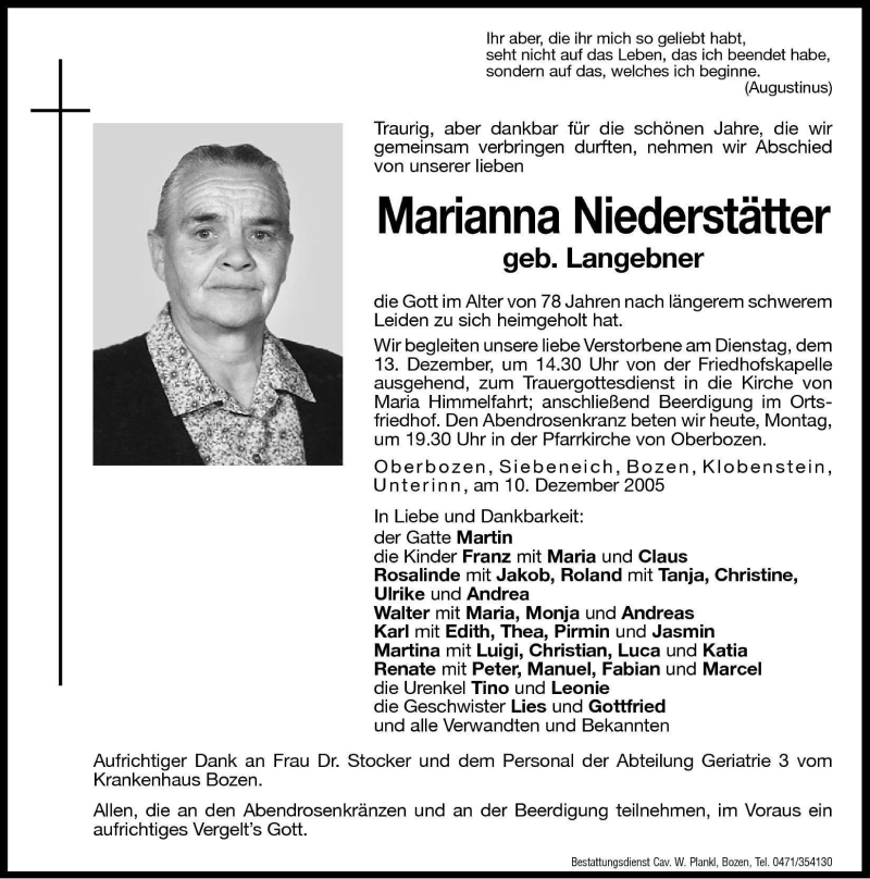 Traueranzeigen Von Marianna Niederst Tter Trauer Bz