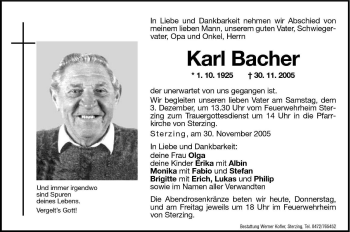 Traueranzeigen Von Karl Bacher Trauer Bz