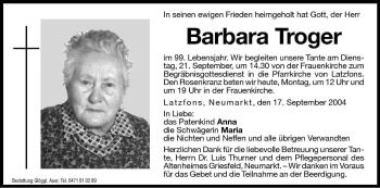 Traueranzeigen Von Barbara Troger Trauer Bz