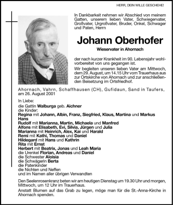 Traueranzeigen Von Johann Oberhofer Trauer Bz