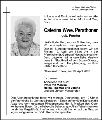 Traueranzeigen Von Caterina Perathoner Trauer Bz