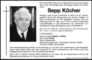 Traueranzeigen von Sepp Köcher Trauer bz