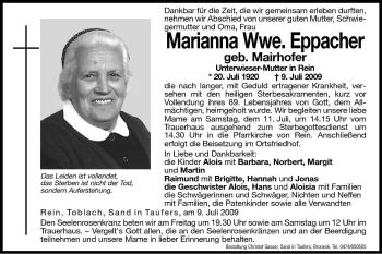 Traueranzeigen Von Marianna Eppacher Trauer Bz