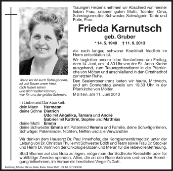 Traueranzeigen Von Frieda Karnutsch Trauer Bz