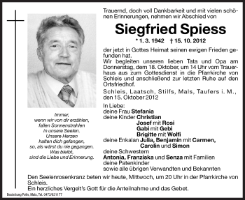 Traueranzeigen Von Siegfried Spiess Trauer Bz