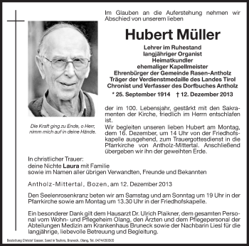 Traueranzeigen von Hubert Müller Trauer bz