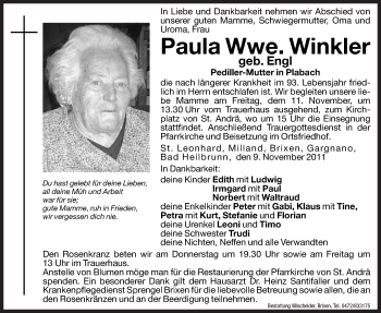 Traueranzeigen Von Paula Winkler Trauer Bz