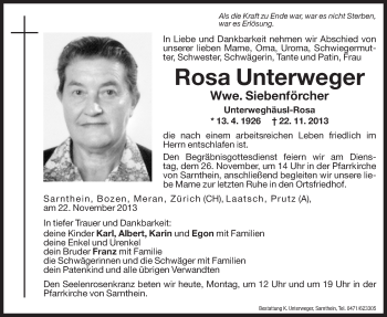 Traueranzeigen von Rosa Siebenförcher Trauer bz