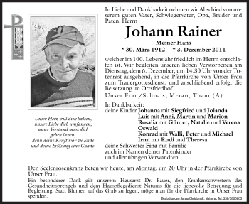 Traueranzeigen Von Johann Rainer Trauer Bz