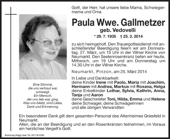 Traueranzeigen Von Paula Gallmetzer Trauer Bz