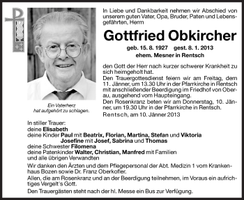 Traueranzeigen Von Gottfried Obkircher Trauer Bz