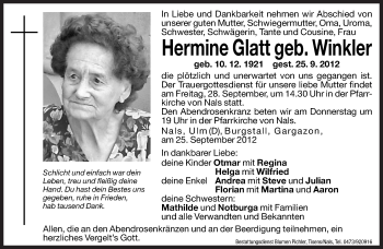 Traueranzeigen Von Hermine Glatt Trauer Bz